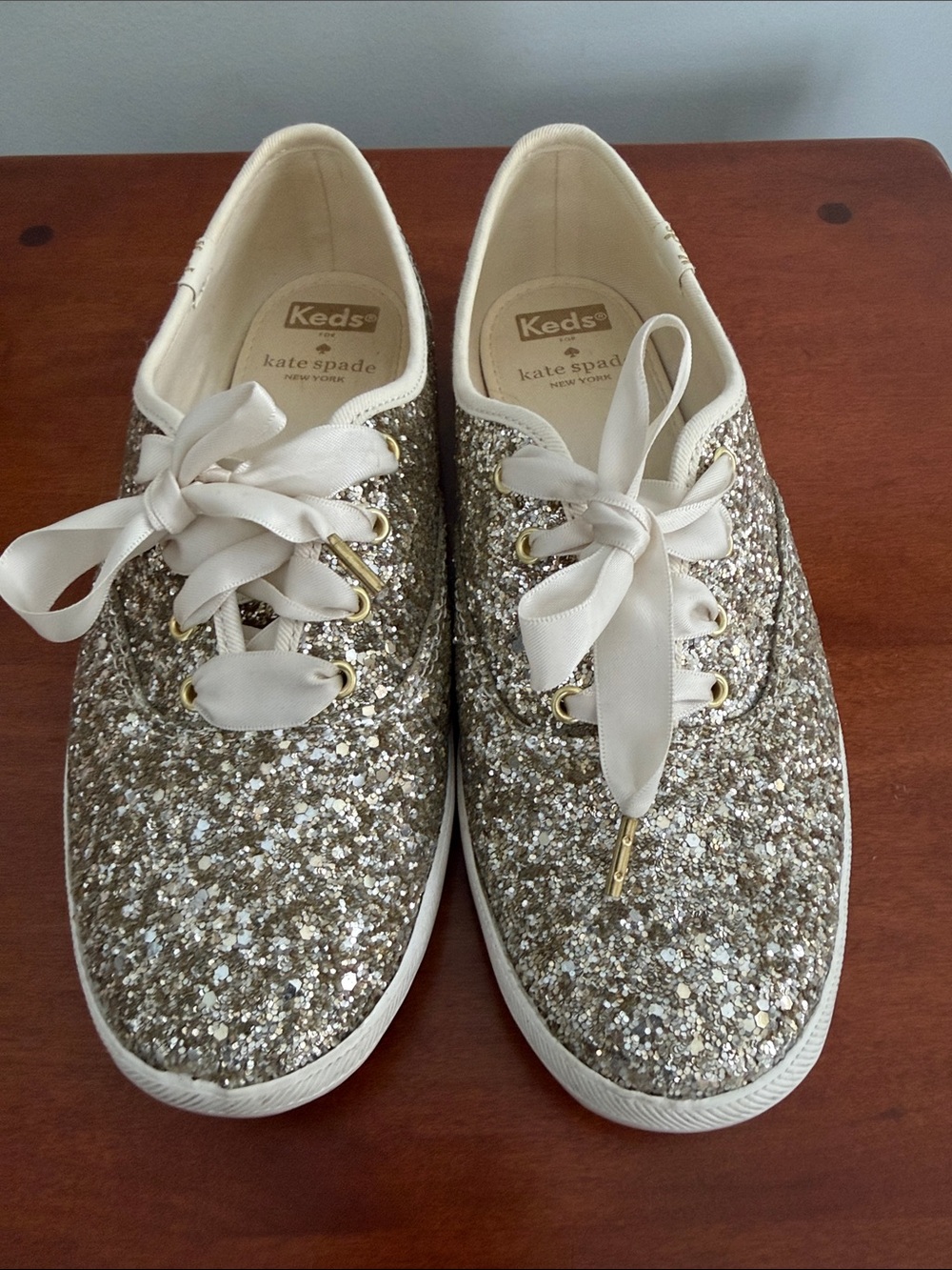 kate spade glitter lace-up sneakers in gold